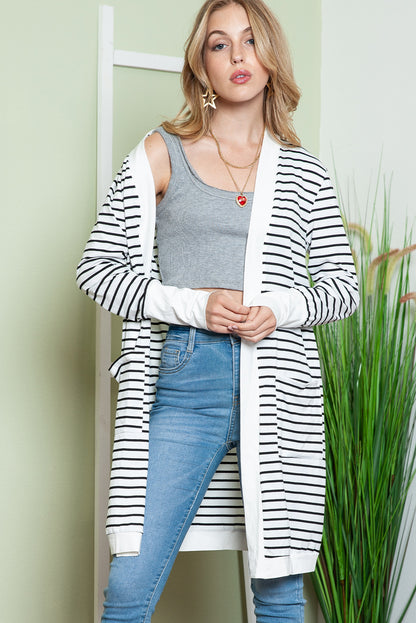 Cardigan long rayé blanc avec poches latérales et devant ouvert