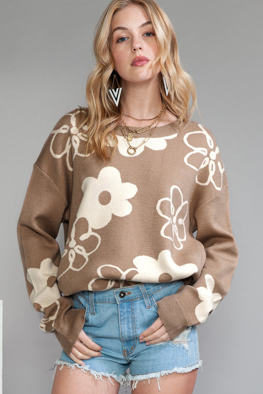 Pull contrasté côtelé à imprimé floral camel