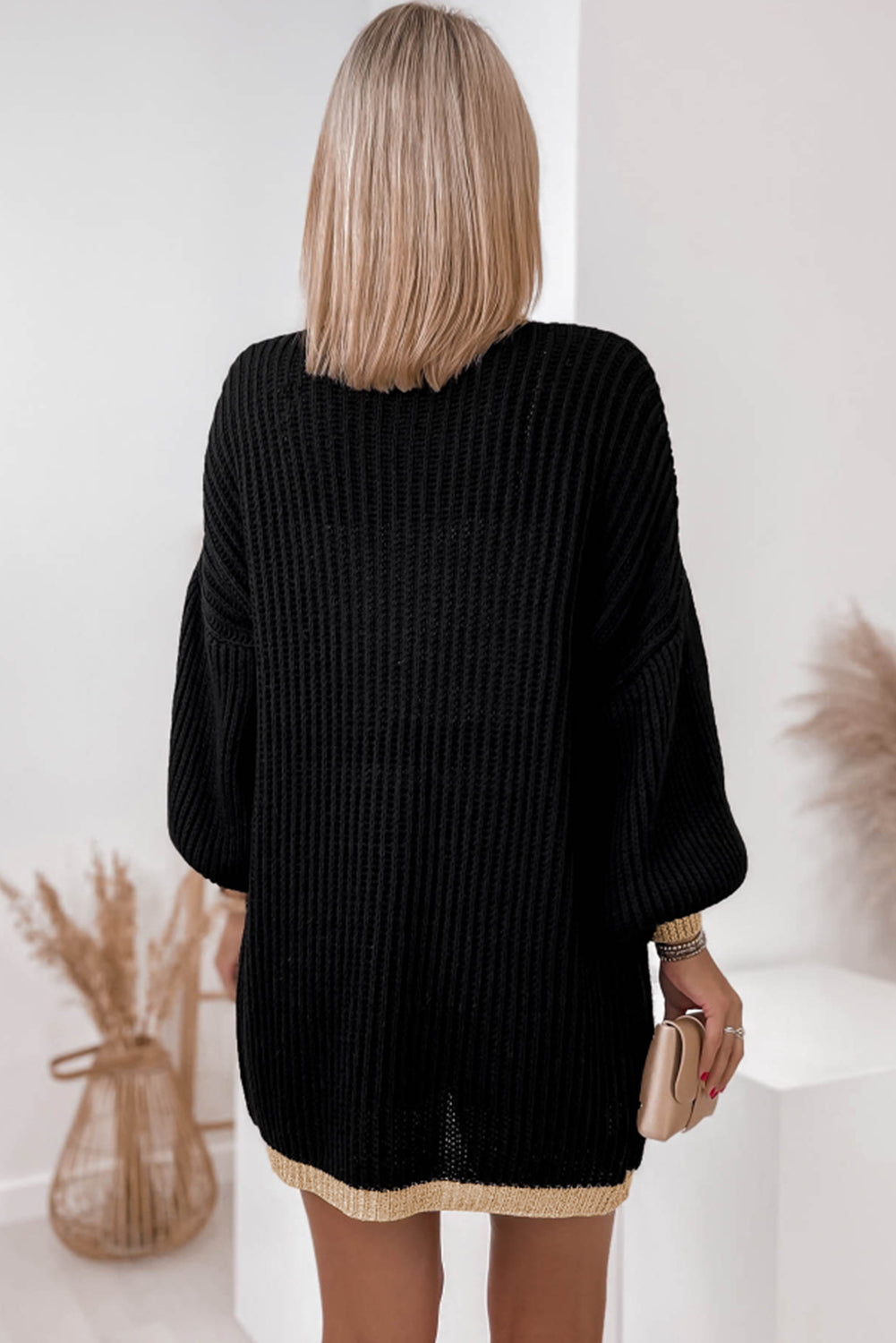 Black Contrast Trim Open Front Lantern Sleeves Cardigan