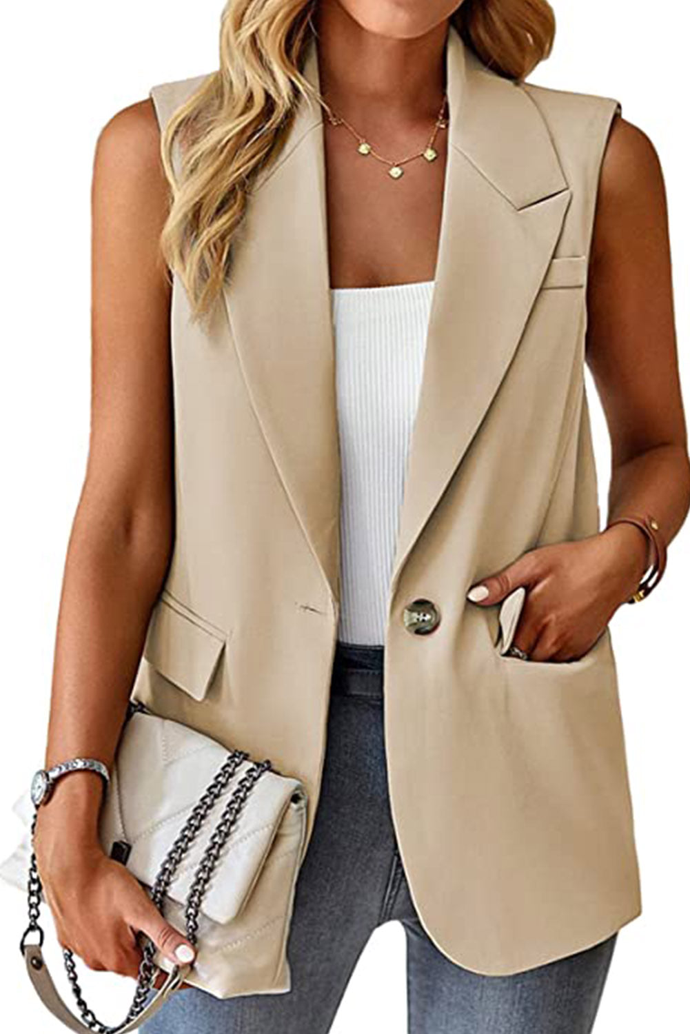 Blazer gilet à revers avec poche à bouton unique abricot