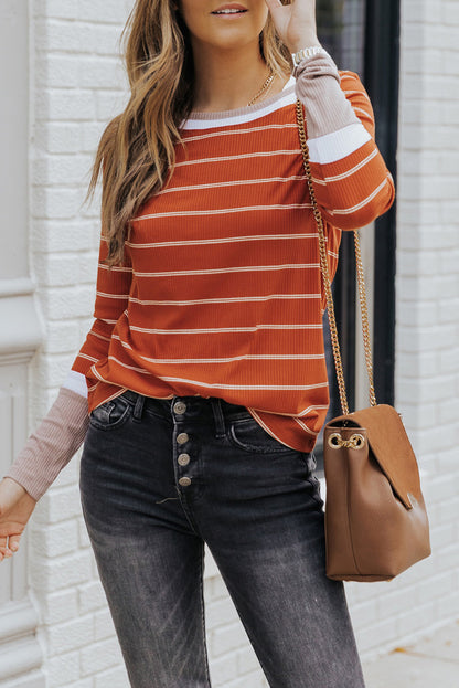 Dark Blue Striped Spliced Color Block Rib Knit Top