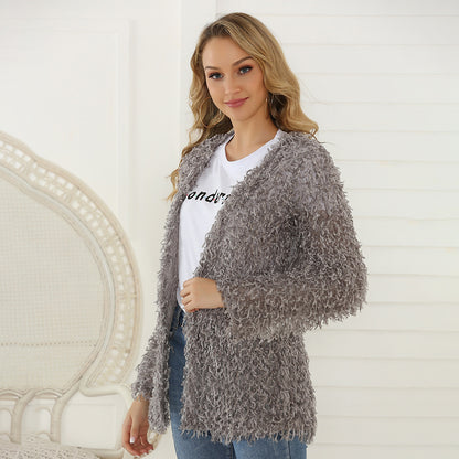 Manteau d'automne pour femme Cardigan à manches longues Manteau mi-long en peluche