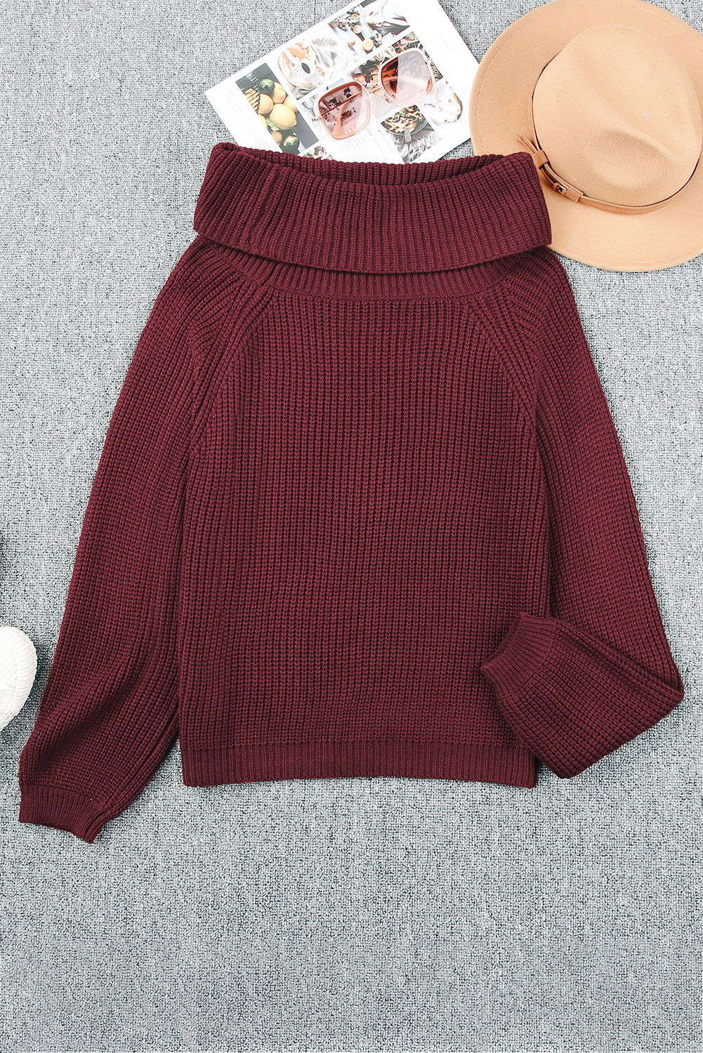 Khaki Ribbed Knit Foldover Off Shoulder Sweater