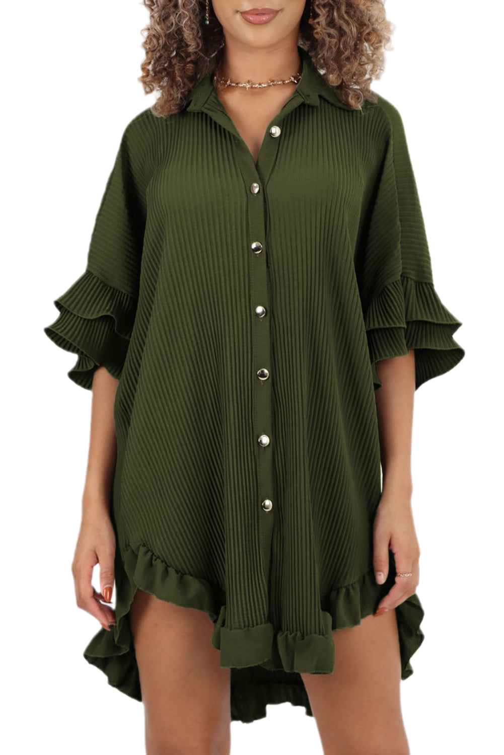 Robe chemise surdimensionnée vert mousse à manches volantées et plissées