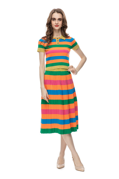 Ensemble de robe mi-longue en tricot coloré pour femmes, décontracté, imprimé, à la mode, haut rayé