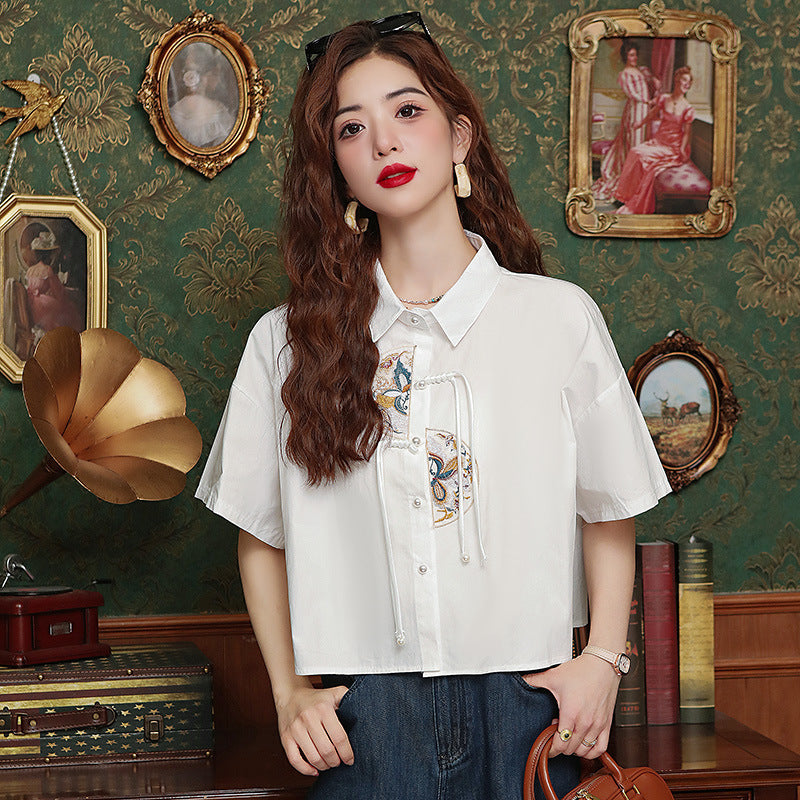 Women's Summer Loose Chinese Style Embroidery Short Shirt Top