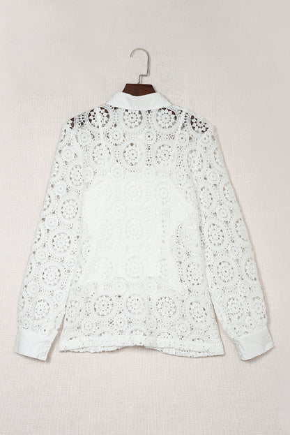 White Crochet Lace Hollow-out Turn-down Collar Shirt