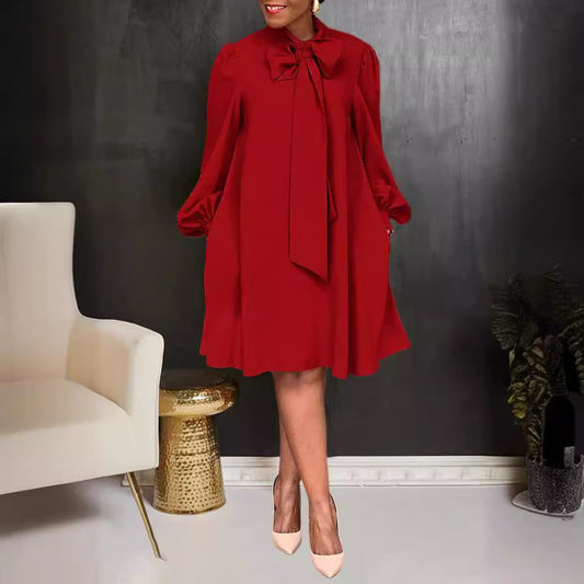 Robe lanterne à manches longues avec nœud noué de couleur pure pour femmes