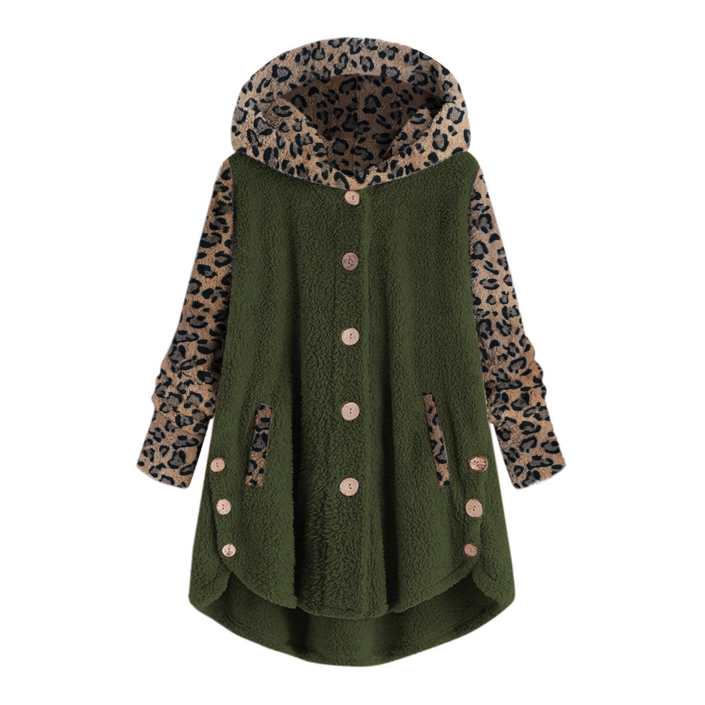 Autumn And Winter Button Long Sleeve Leopard Splicing Hooded Plush Coat For Women