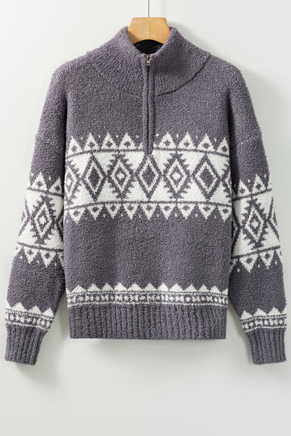 Grauer, geometrisch bedruckter Western-Pullover mit Viertelreißverschluss