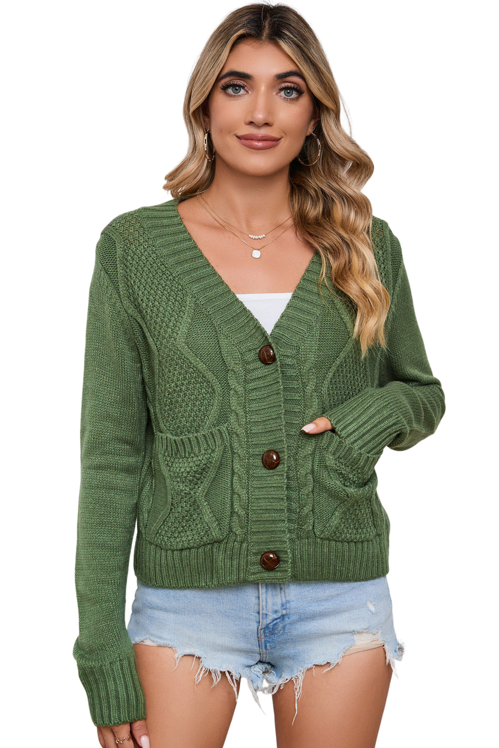 Cardigan pull court texturé avec poches et boutons vert