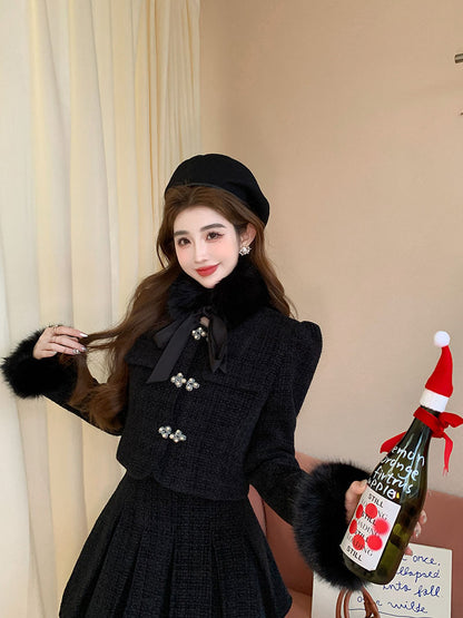 Women's Detachable Fur Collar Top High Waist Pleated Skirt Suit