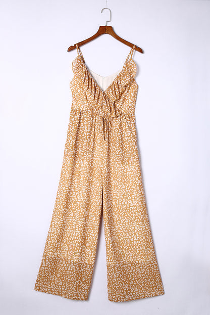 Yellow Leopard Print Drawstring Ruffled Wrap V Neck Jumpsuit