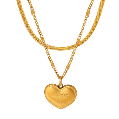 18K gold fashion retro love heart "LOVE YOU" with blade chain design versatile pendant necklace