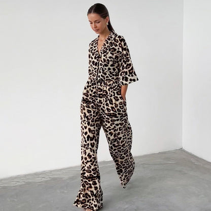 Women's Loose Leopard-print Shirt Wide-leg Pants Two-piece Set