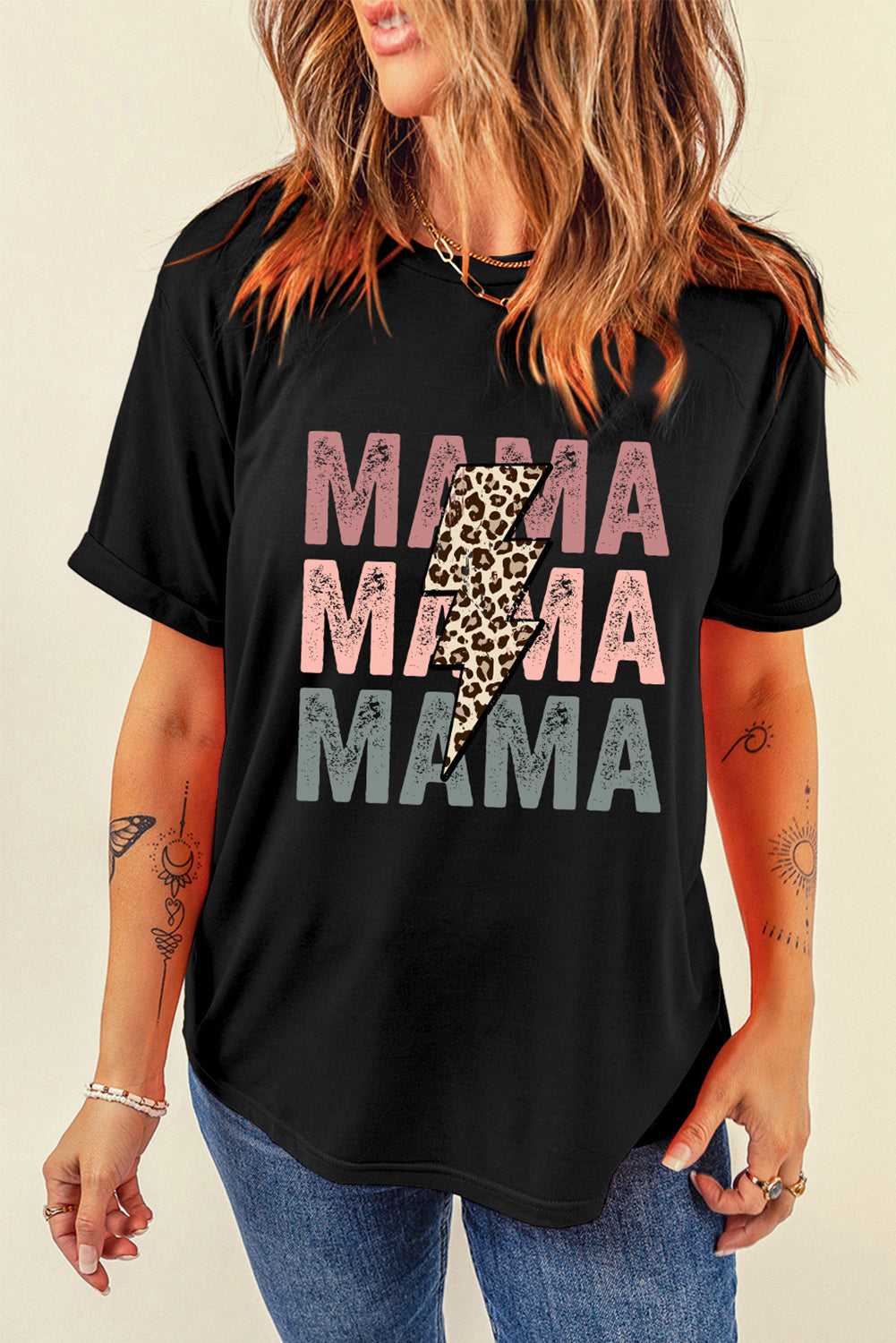 T-shirt graphique noir à imprimé léopard Lightning MAMA avec lettres imprimées