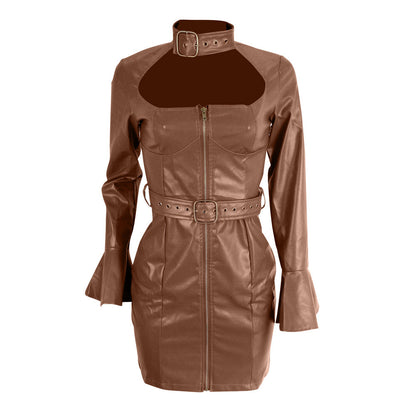 Women's Zipper Dress With Belt And Waist Closure