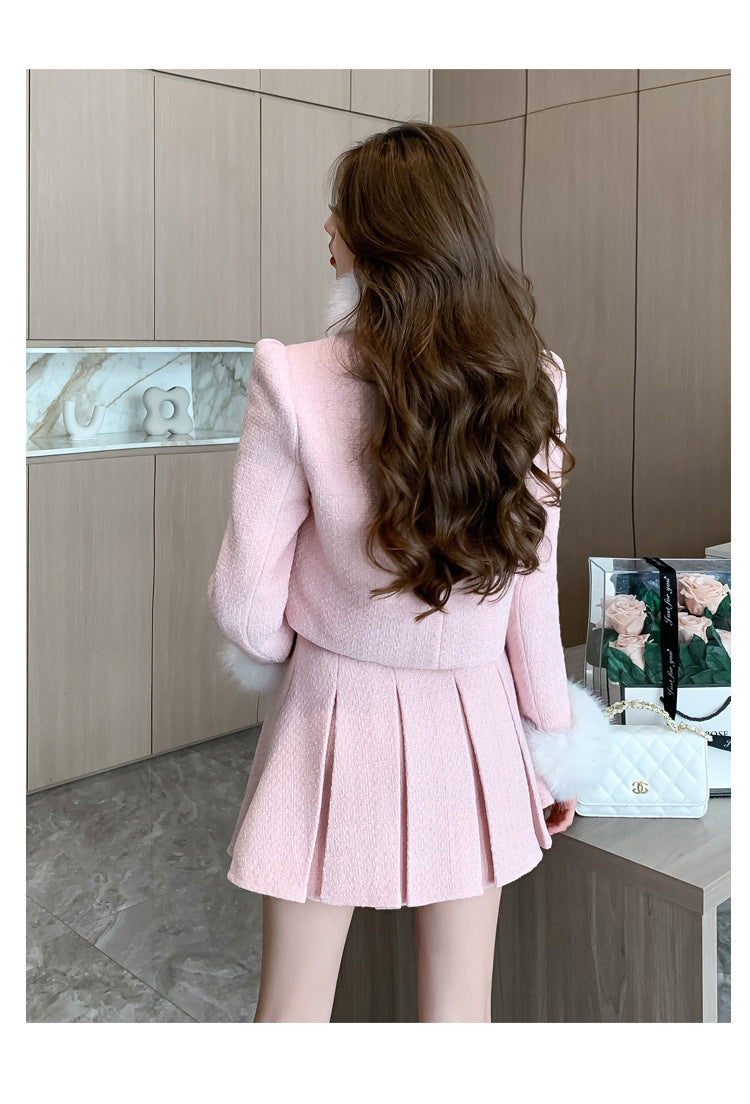 Classic Style Puffer Jacket High Waist Pleated Skirt Two-piece Set