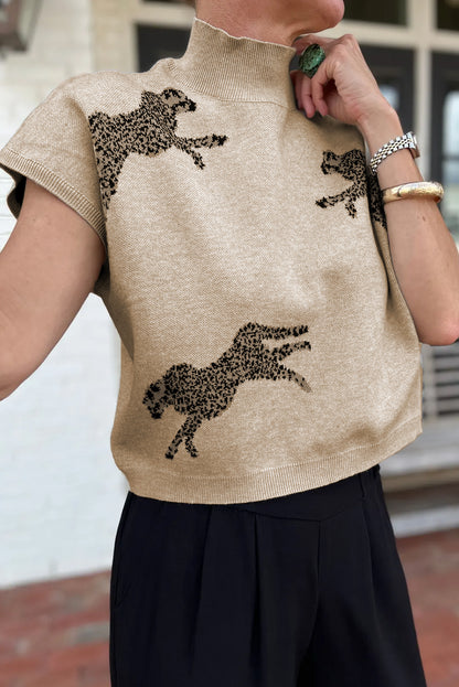 Apricot Cheetah Pattern Mock Neck Short Sleeve Sweater