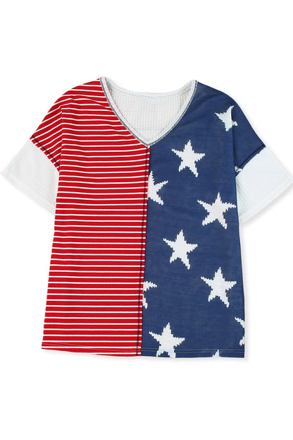 Dark Blue Stripes Stars Print Knit V Neck Short Sleeve Top