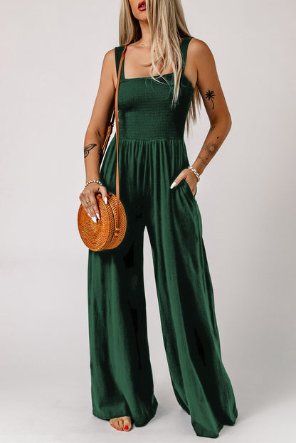 Black Casual Smocked Sleeveless Wide Leg Jumpsuit With Pockets