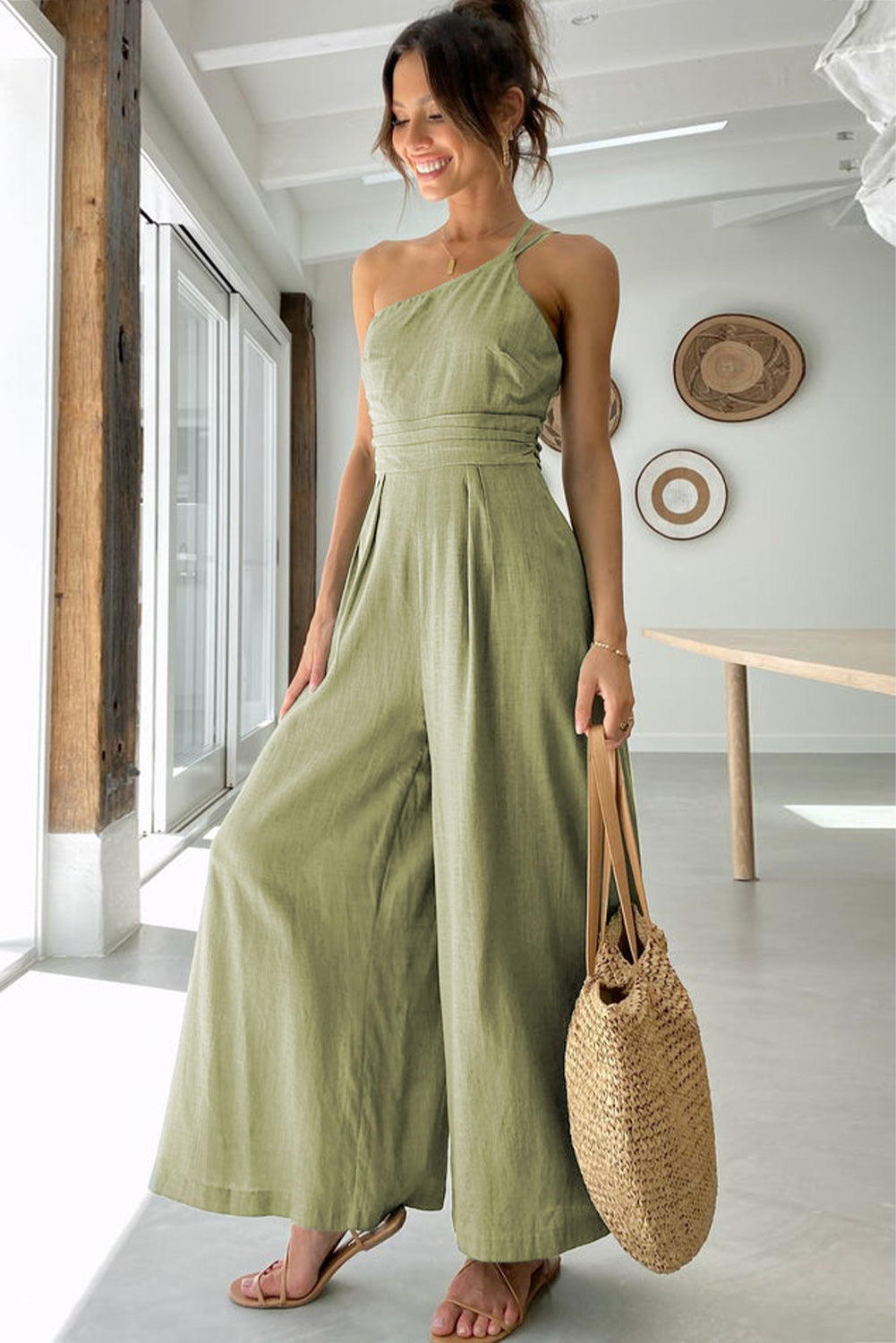 Green Casual Asymmetric Thin Straps Wide Leg Jumpsuit