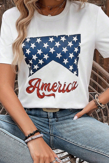 White Casual America Stars Graphic Crew Neck T Shirt