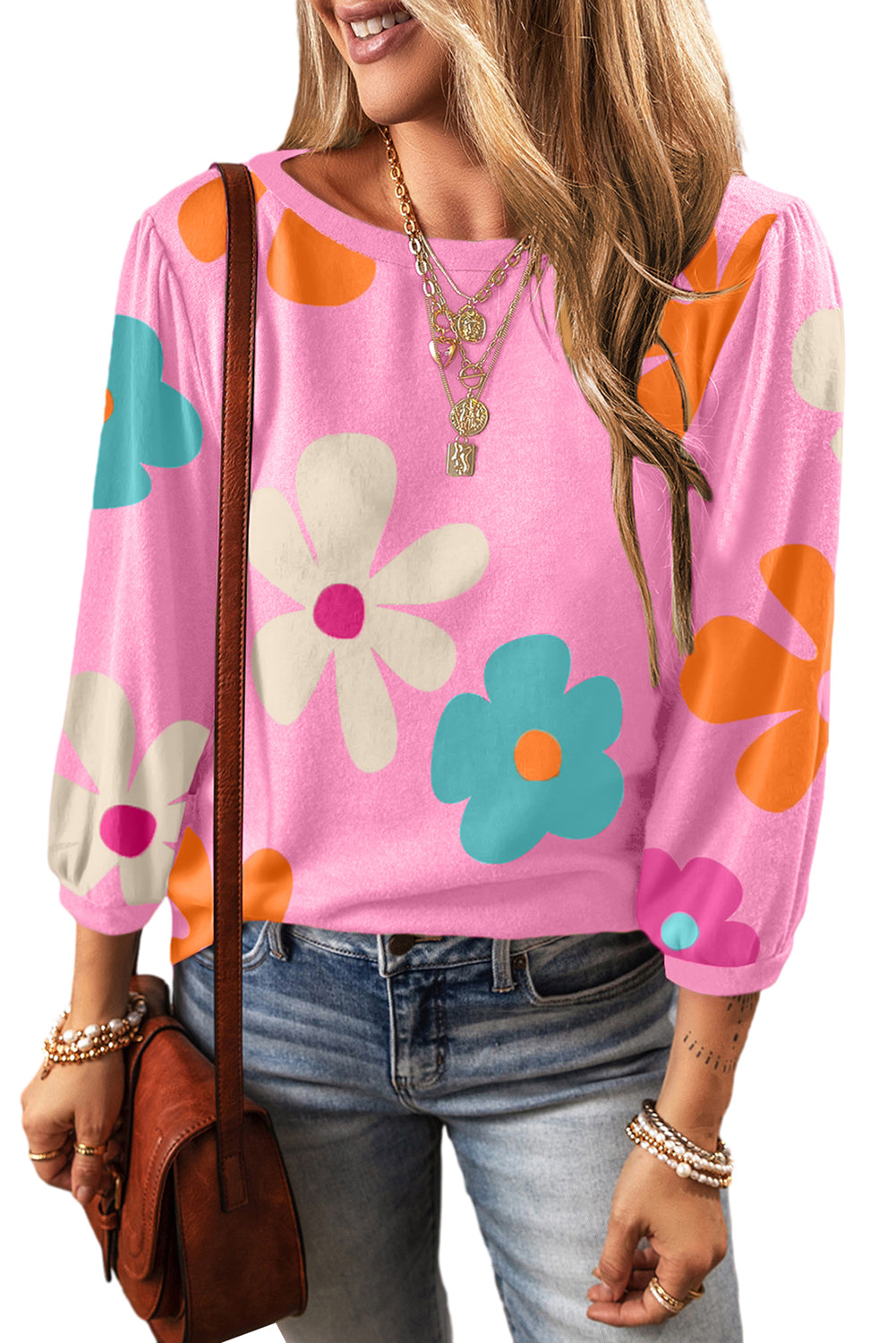 Rose Flower Print Ruched Bracelet Sleeve Top