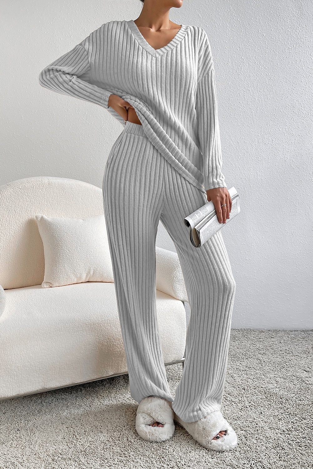 Ensemble haut et pantalon en tricot côtelé ample gris clair à col en V