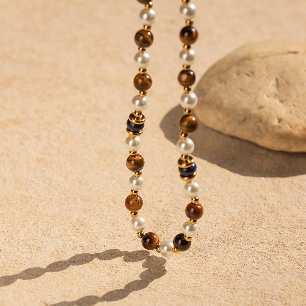 18k Gold Noble Atmosphere Inlaid Pearl Lapis Lazuli Tiger Eye Bead String Design Light Luxury Style Necklace