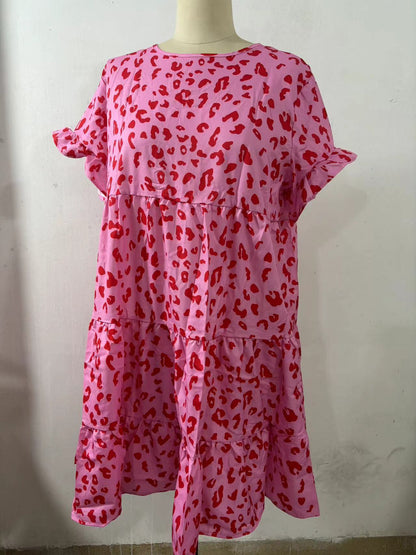 Women's Summer Leopard Print Floral Crew Neck Casual Dress