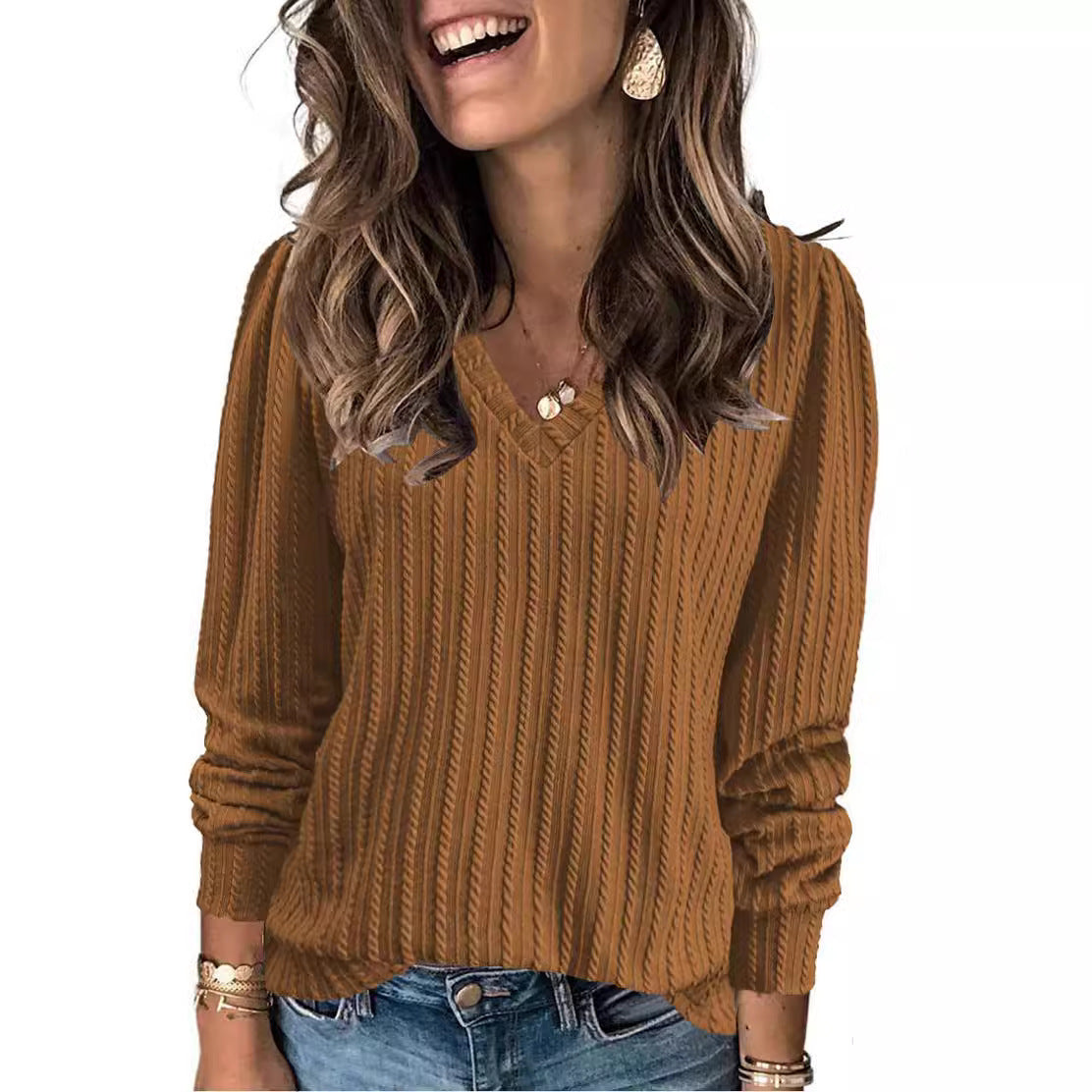 V-neck Loose Sunken Stripe Long-sleeved T-shirt Top