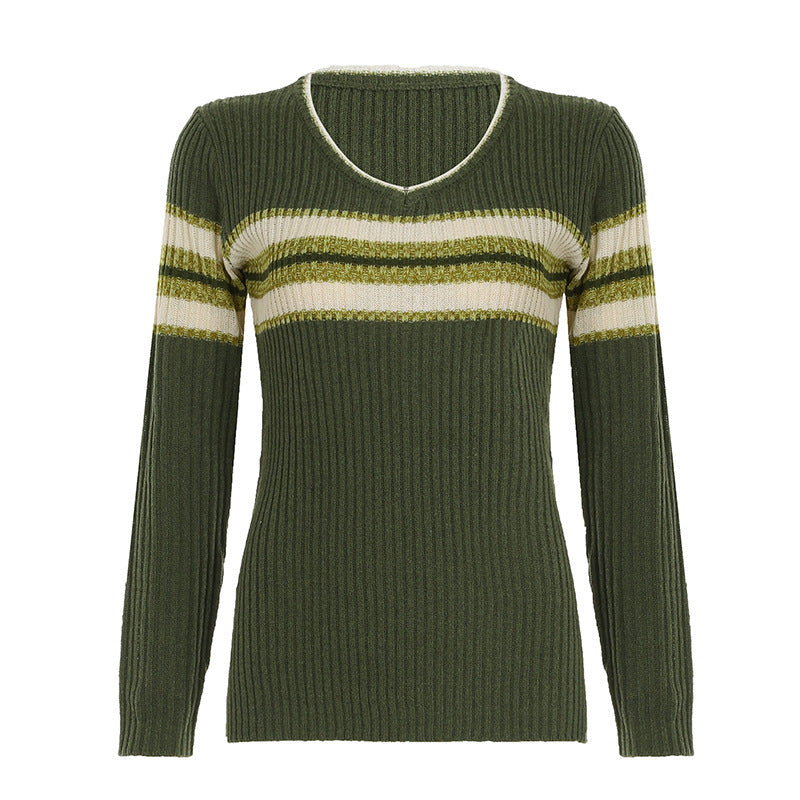 Pull rayé col V femme automne et hiver nouveauté