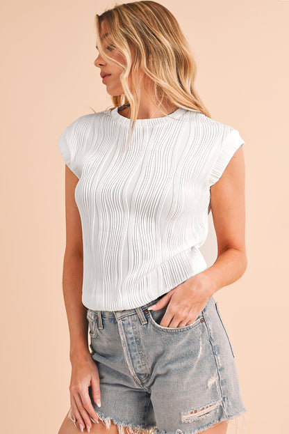 Apricot Wavy Textured Cap Sleeve Round Neck Blouse