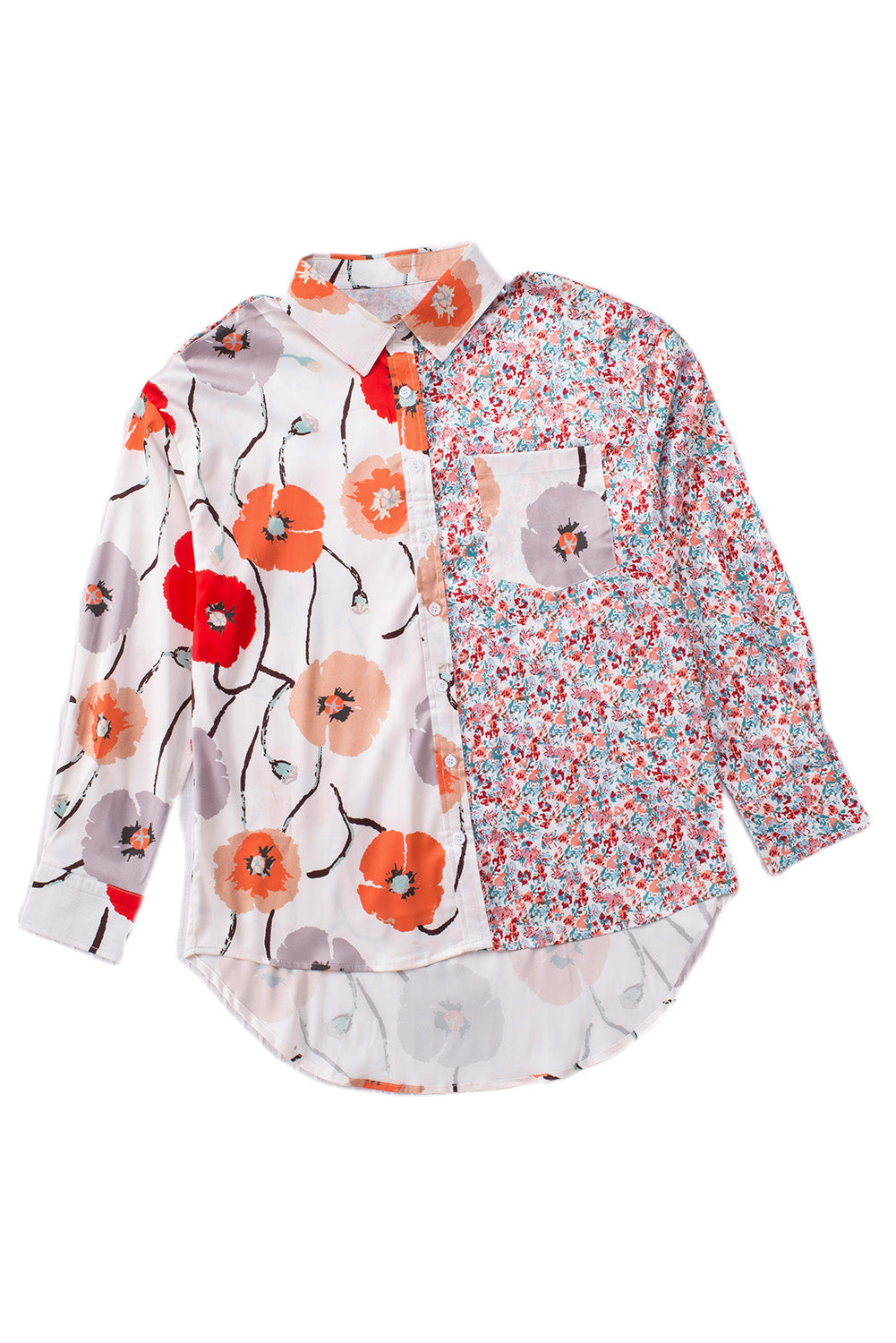 Chemise boutonnée en patchwork avec poches florales bohème rouge