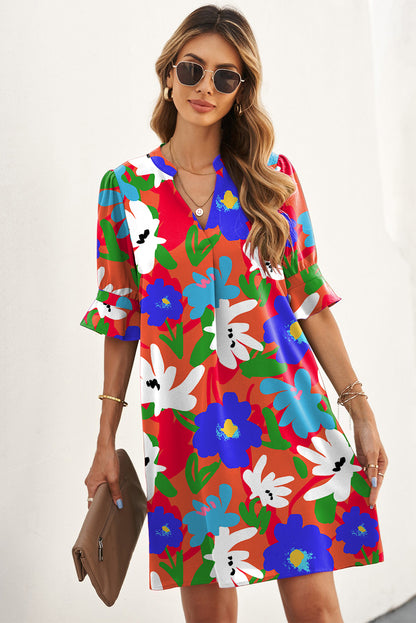 Robe tunique multicolore à manches courtes et col mandarin à imprimé floral