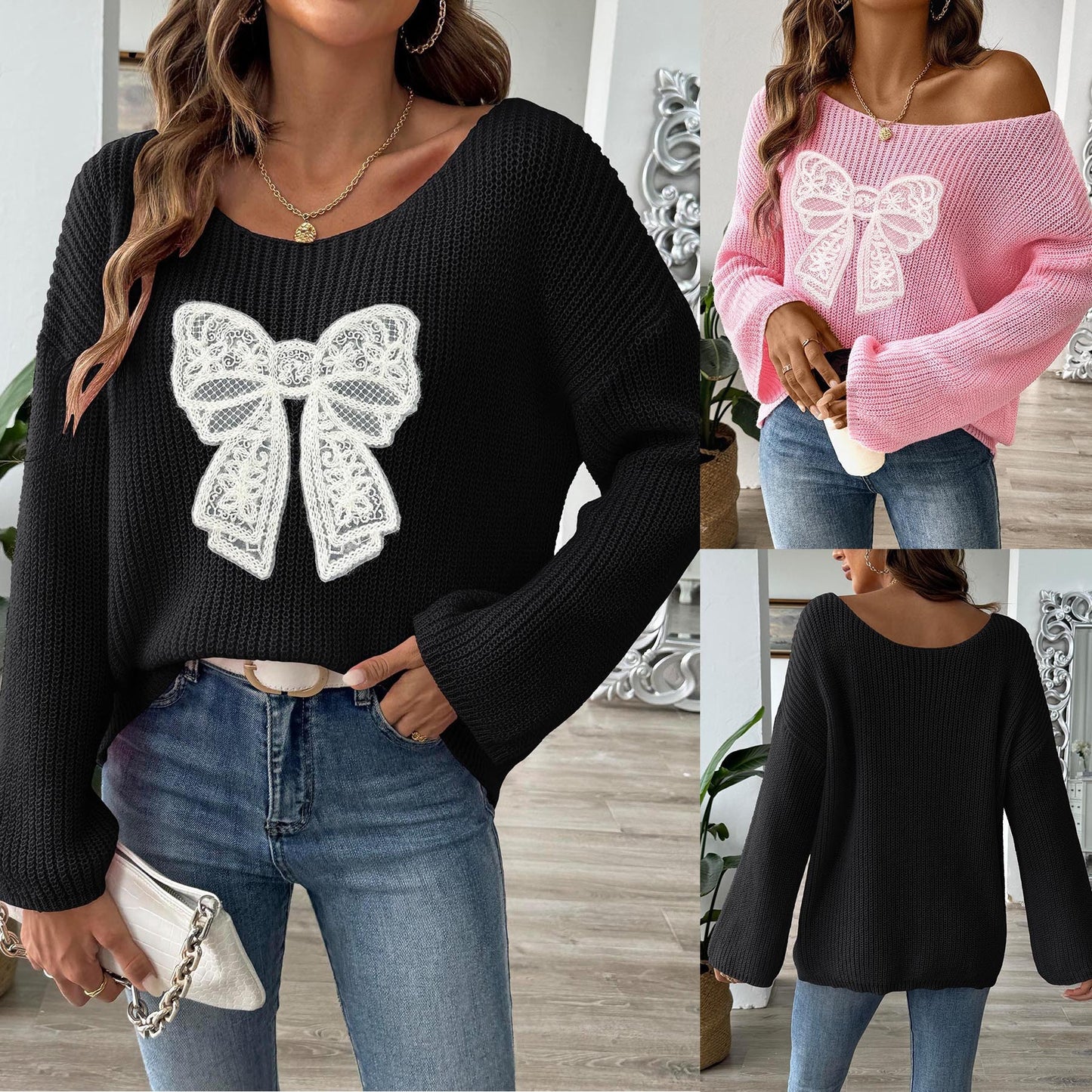 Pull pour femme avec patch brodé en forme de nœud