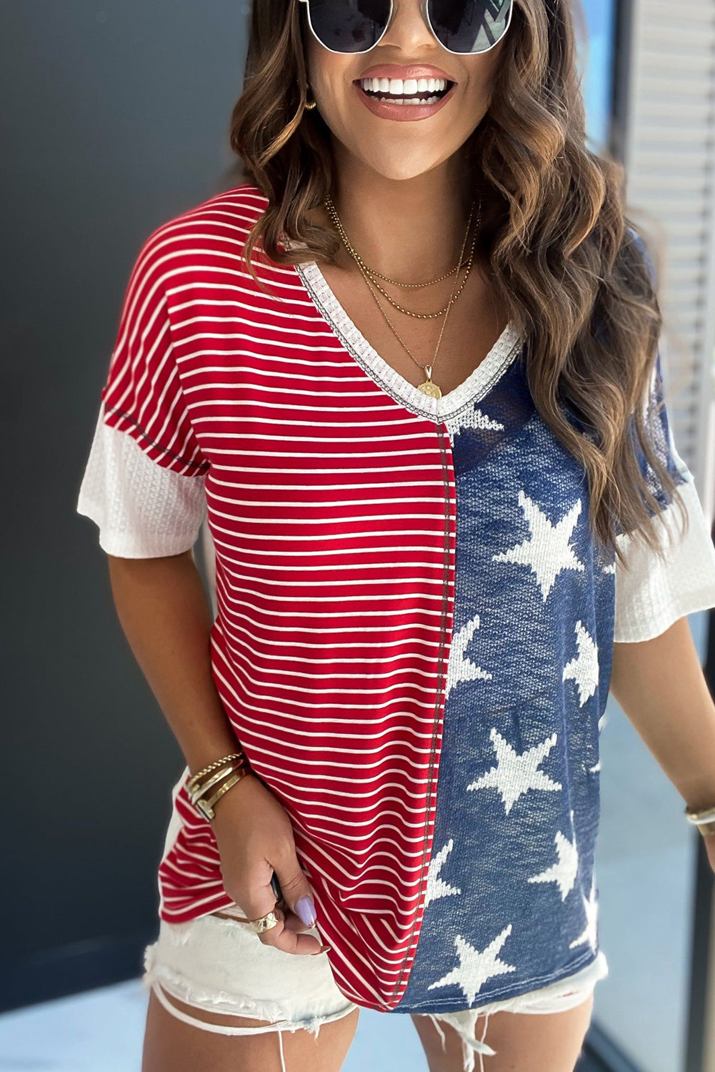 Dark Blue Stripes Stars Print Knit V Neck Short Sleeve Top