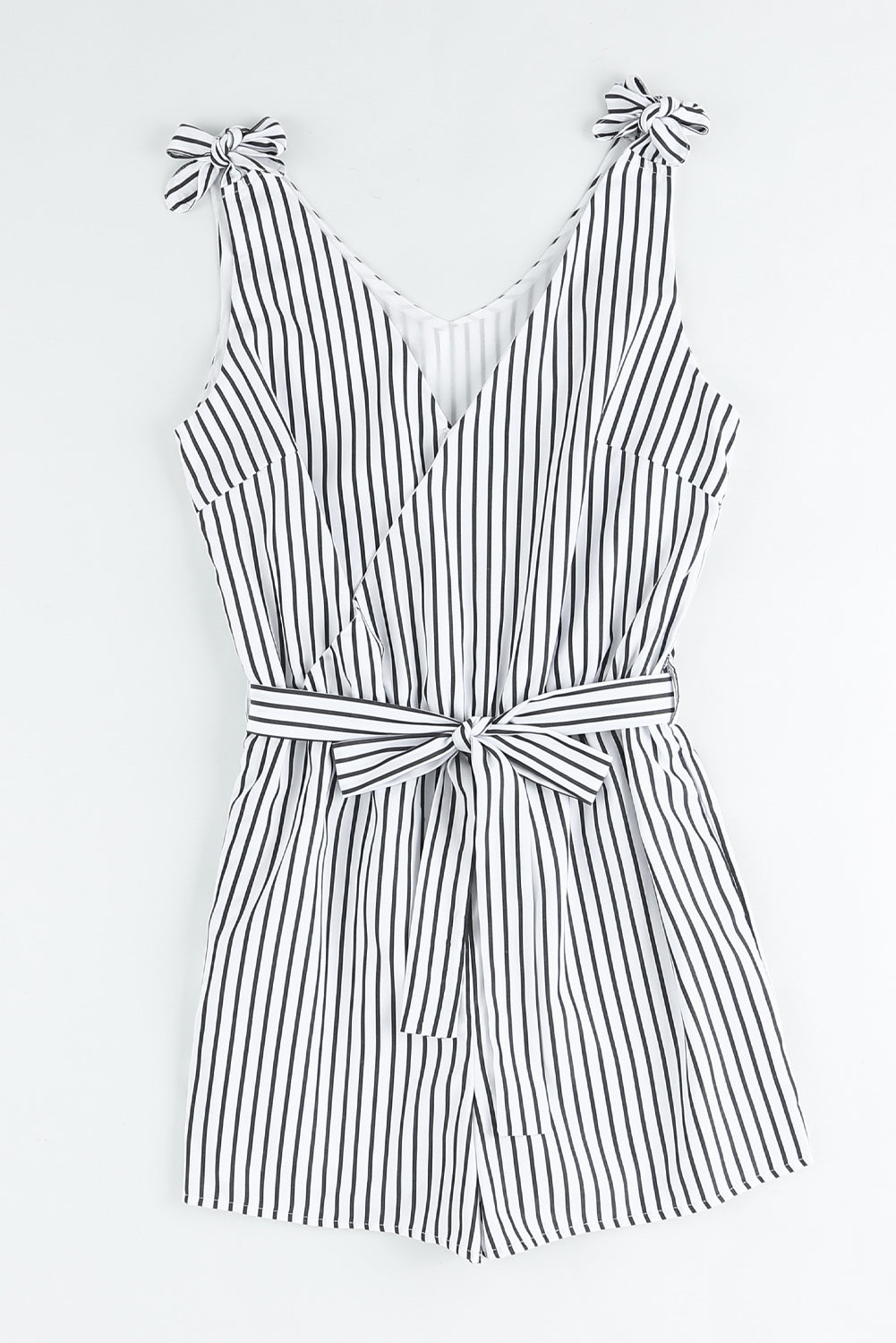 White Striped Print V Neck Sleeveless Belted Romper