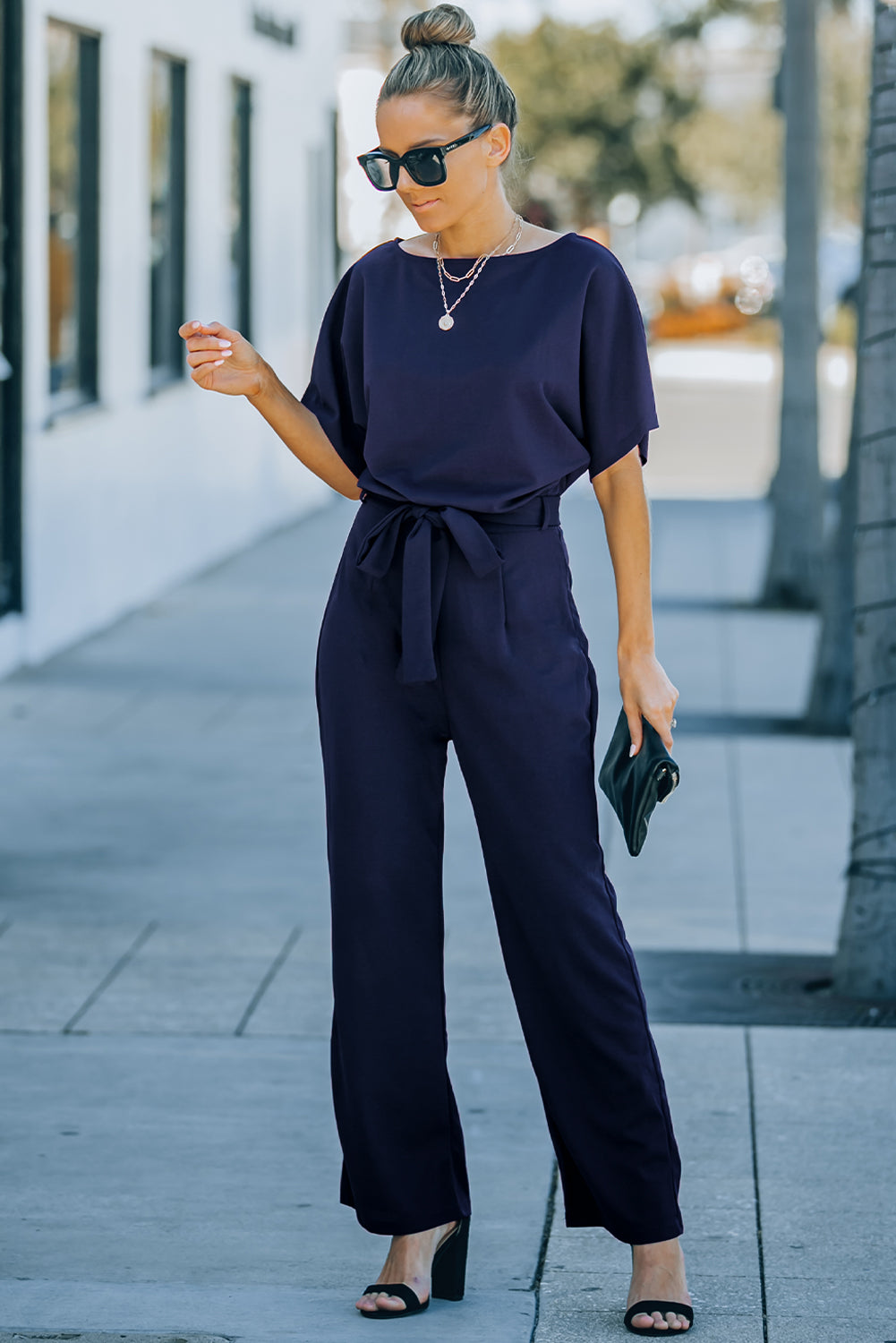 Blue Oh So Glam Belted Wide Leg Jumpsuit