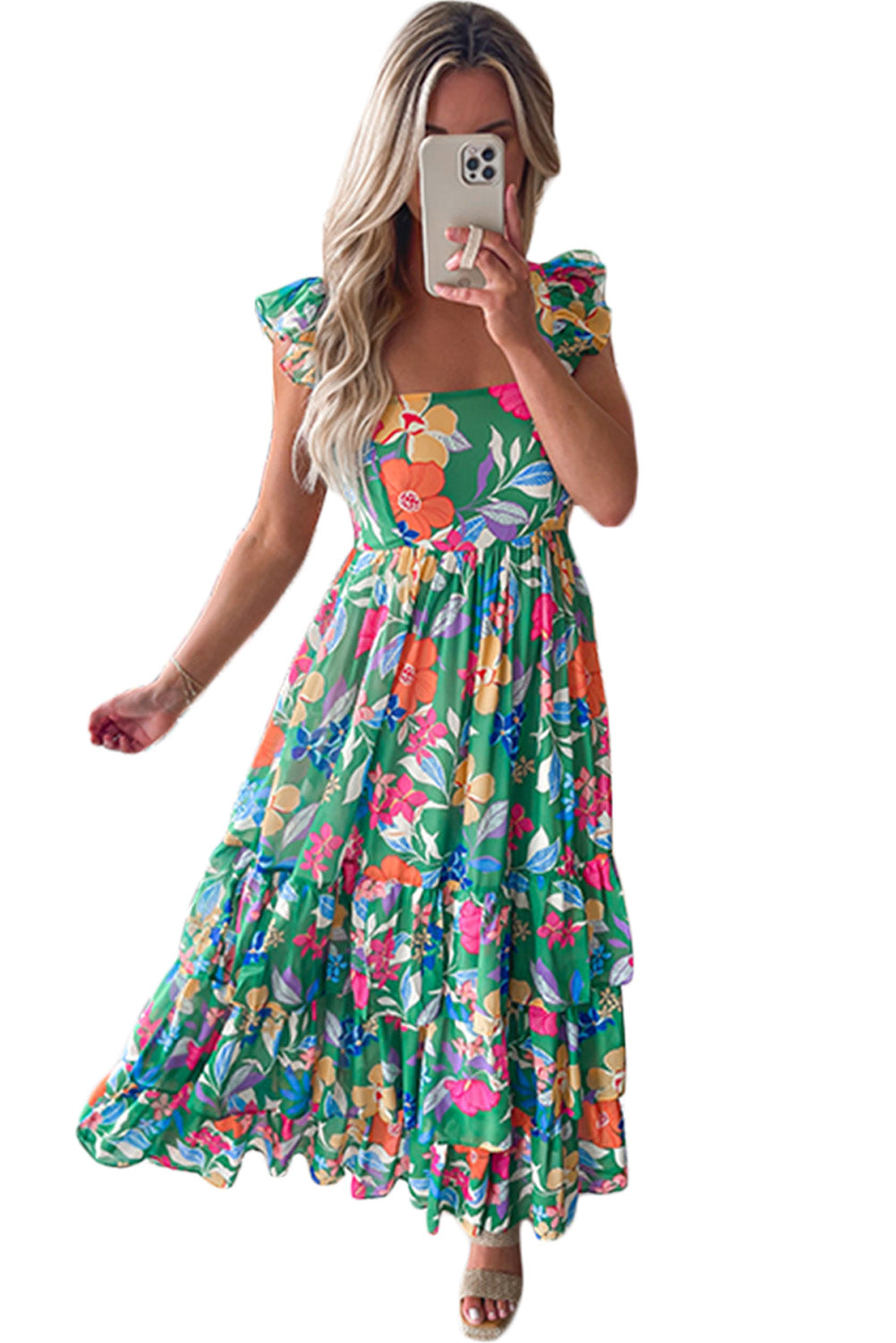 Grünes, ärmelloses, gestuftes Maxikleid mit Rüschen und Boho-Blumendruck