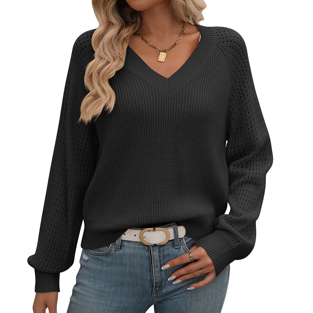 Pull tendance à manches longues et col en V pour femme