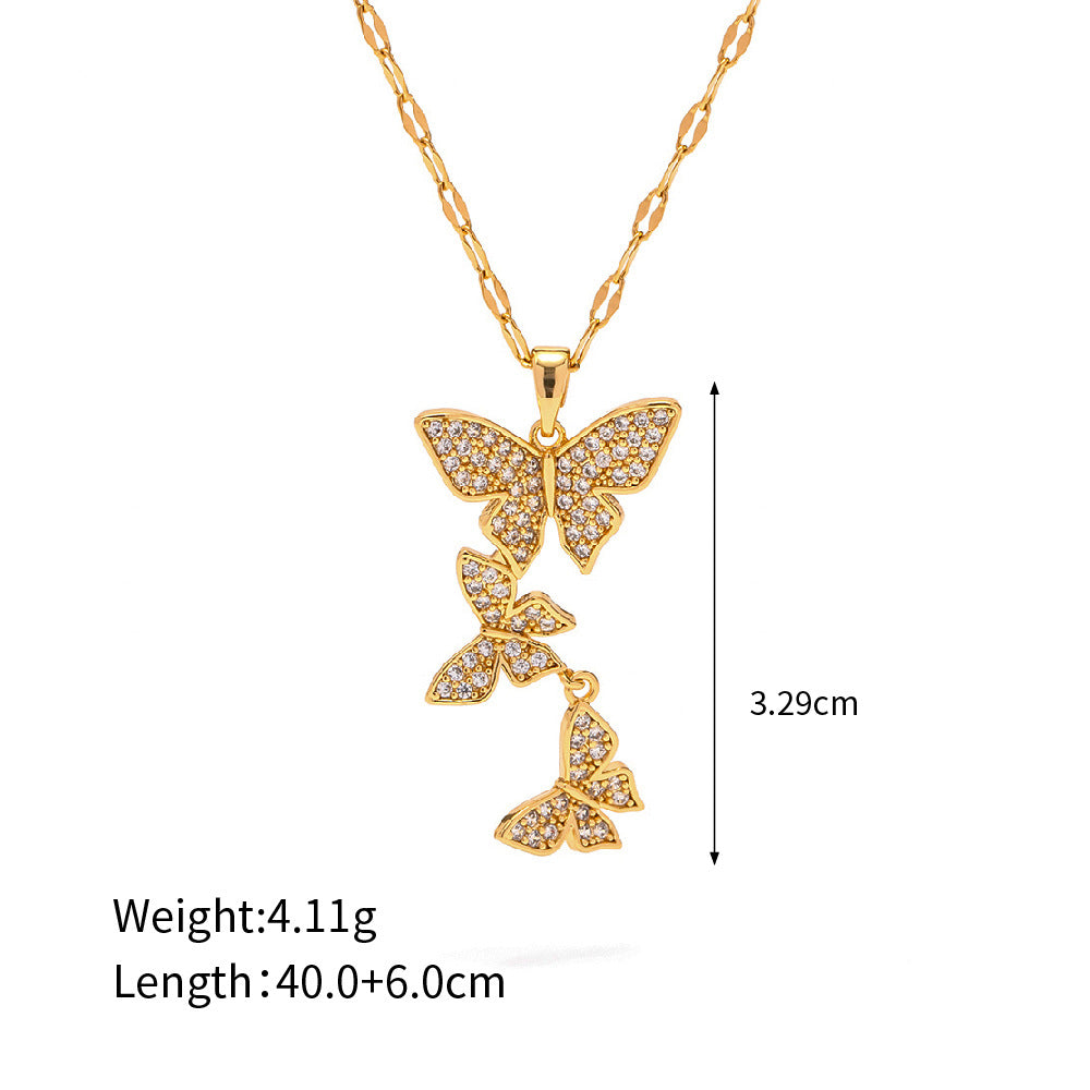 18K Gold Exquisite and Noble Inlaid White Zircon Butterfly Design Pendant Necklace