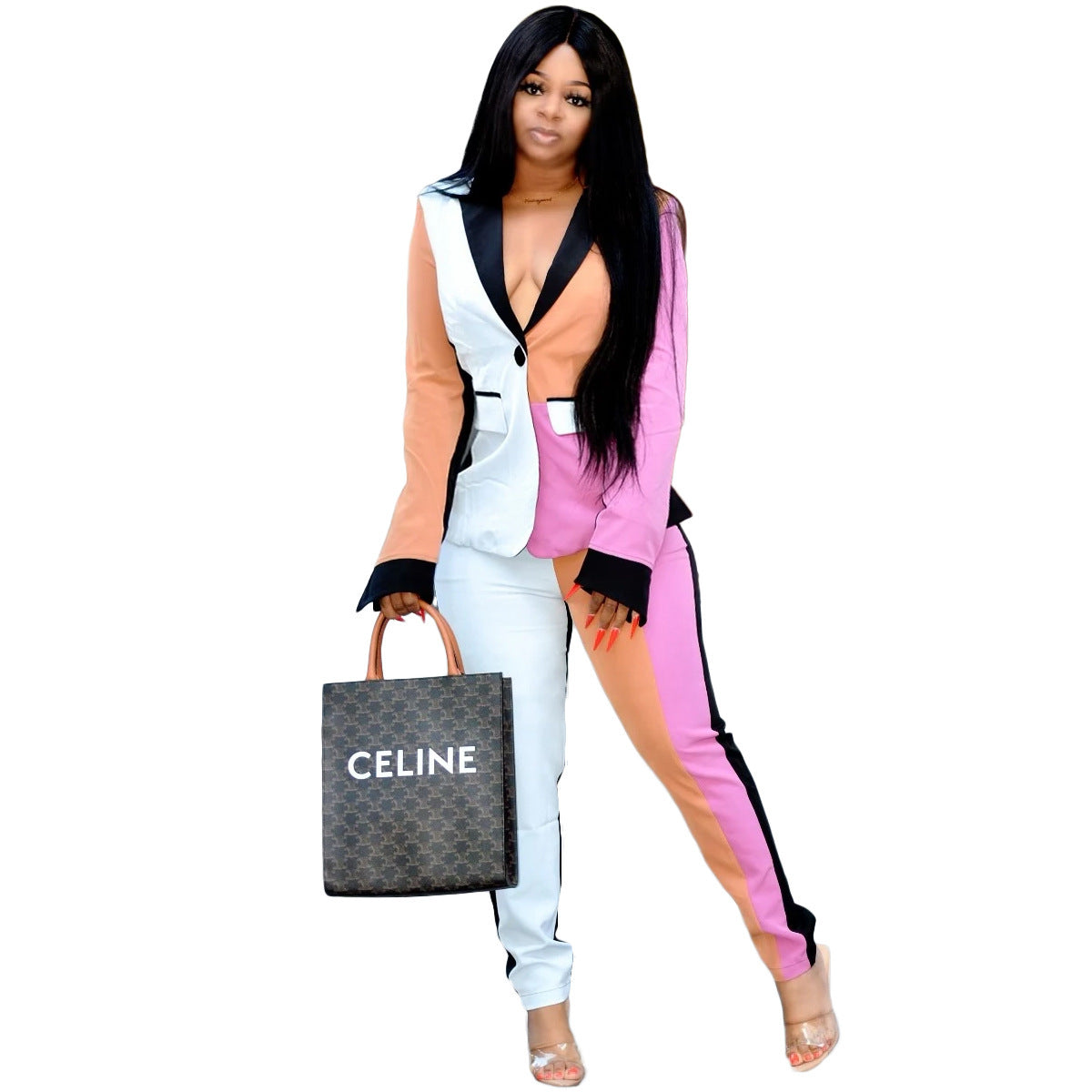 Women's Color Contrast Patchwork Fashion Suit Pants Two-piece Set