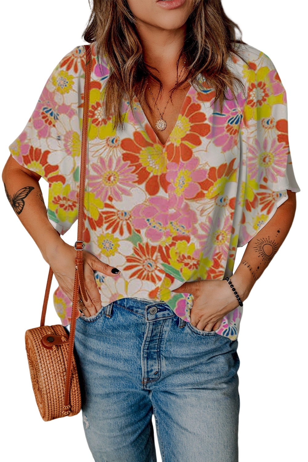 Multicolor Abstract Print Flutter Sleeve V Neck Blouse