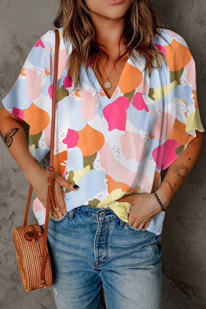 Multicolor Abstract Print Flutter Sleeve V Neck Blouse