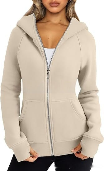 Women's Zipper Short Hood Fleece Lined Solid Color Hoodie Sweater