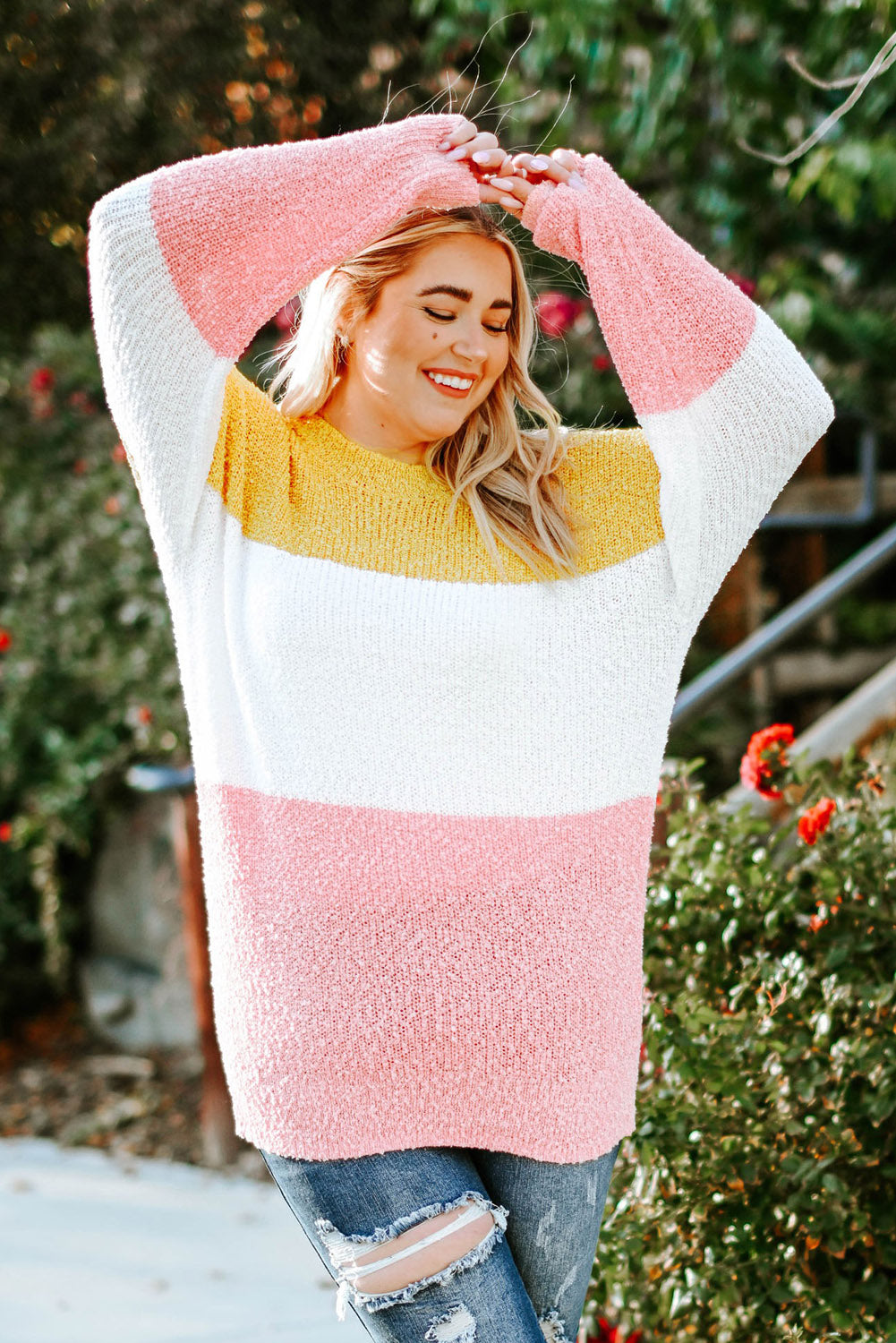 Gelber Colorblock-Pullover mit Blasenärmeln in Übergröße