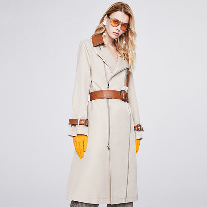 Trench mi-long haut de gamme contrasté pour femme