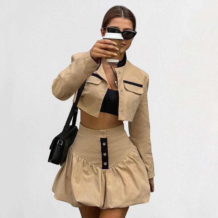 Autumn Commuter Professional Bud Skirt Suit Fashion Colorblock Coat Short Skirt Two-piece Set